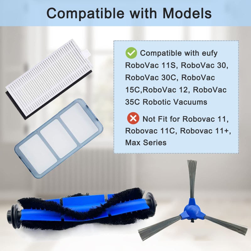 Tivcroxs قطعة غيار RoboVac 11S متوافقة مع Eufy RoboVac 11S، 15C، 30، 30C، 12، 35C، 25C، 15T المكانس الكهربائية الروبوتية، 3 فرش دوارة، 12 مجموعة فلتر، 12 فرشاة جانبية، 1 واقي فرشاة دوارة، 2 مرشحات مسبقة - Image 2
